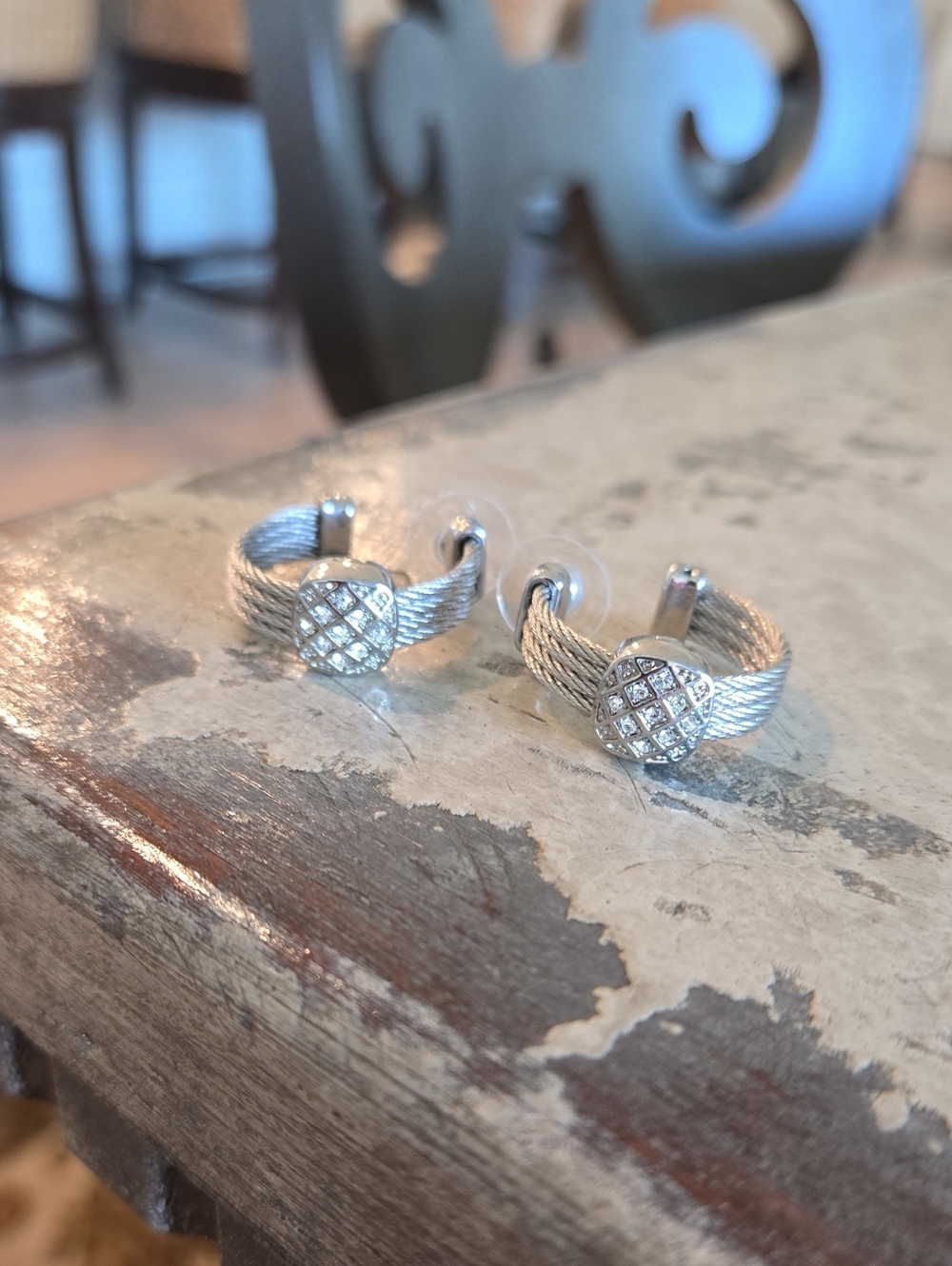 Silver Cable Earrings W/ CZ Accents, NEW
